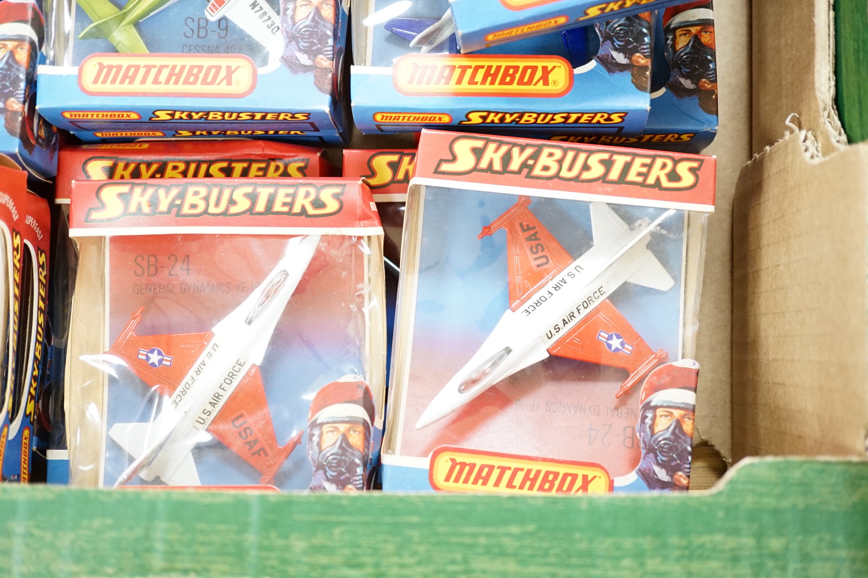 Thirty one boxed 1970s Matchbox Sky Busters diecast aircraft, together with two 1980s Matchbox ‘Super Value Packs’ of diecast vehicles